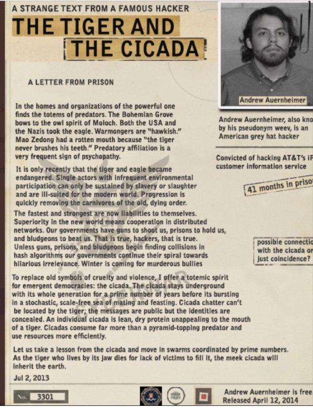 Página con estilo de revista titulada A Strange Text From a Famous Hacker: The Tiger and the Cicada, una carta desde la cárcel de Andrew Auernheimer fechada el 2 de julio de 2013, con su foto de ficha, una placa con el número 3301 y un recuadro que pregunta si hay una posible conexión con la cigarra o es solo coincidencia