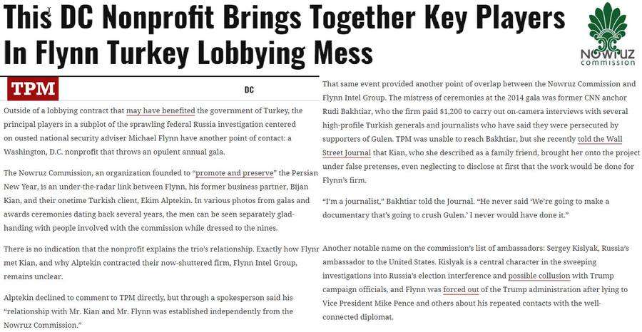 Artículo de Talking Points Memo titulado This DC Nonprofit Brings Together Key Players In Flynn Turkey Lobbying Mess, con el logo de la Comisión Nowruz