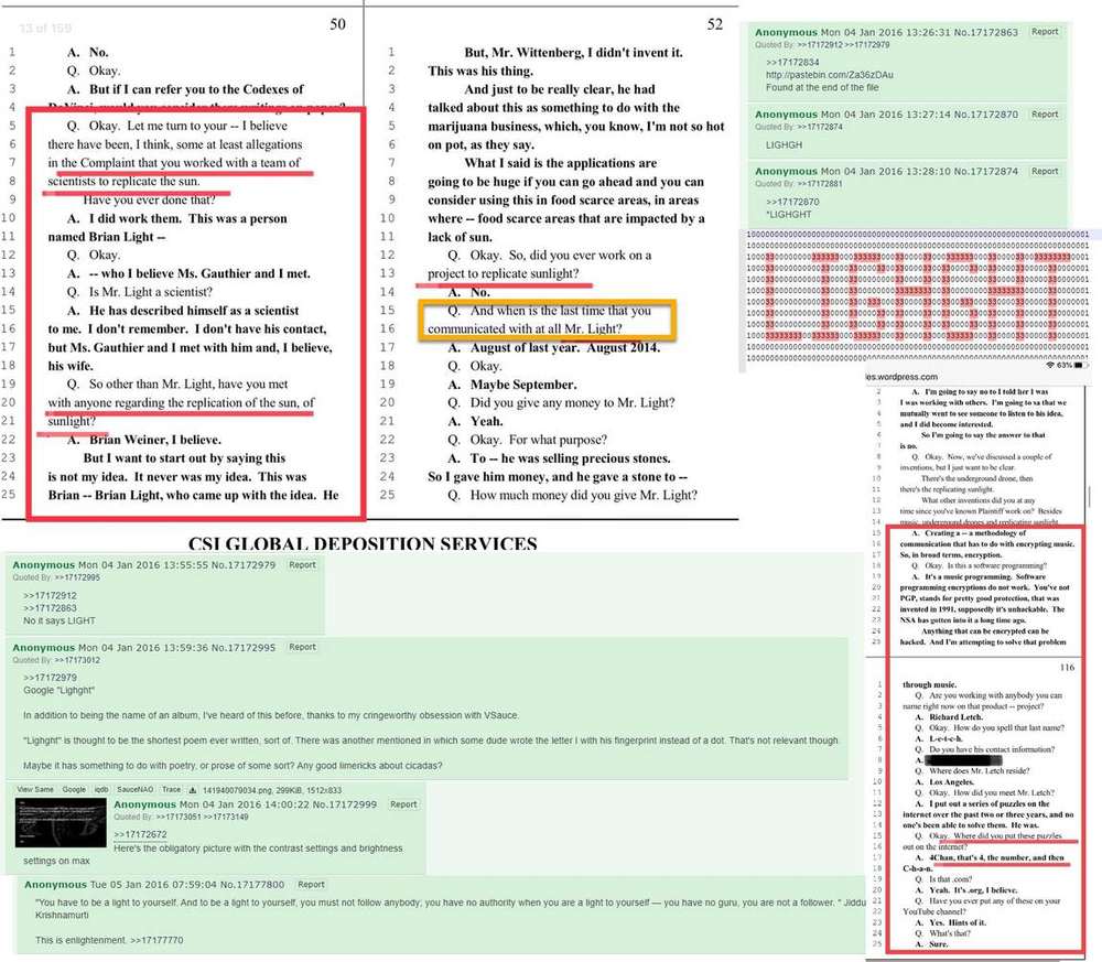 Composición de páginas de la transcripción de la declaración junto a capturas de un hilo de 4chan, con pasajes subrayados sobre replicar el sol, una persona llamada Brian Light, Richard Letch y publicar acertijos en 4chan
