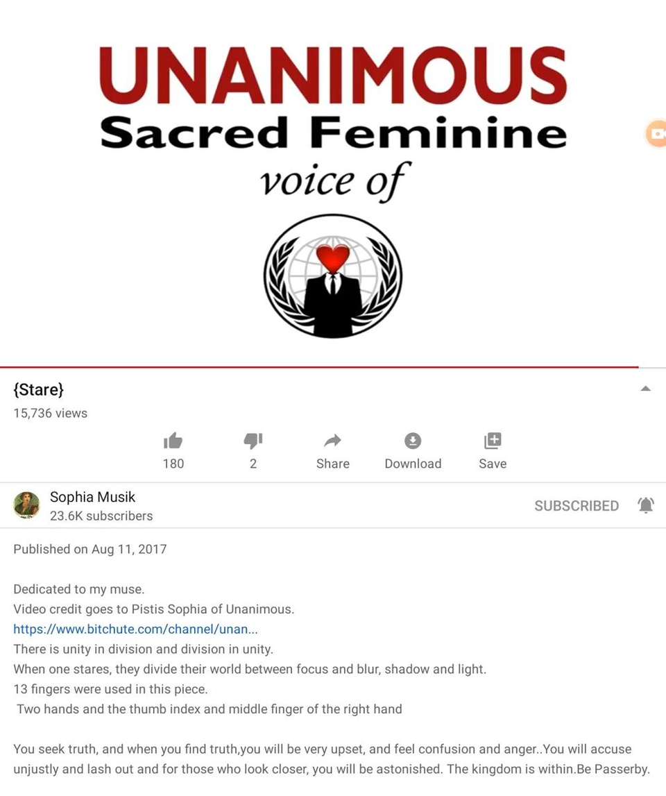 Página de YouTube de un video titulado Stare en el canal Sophia Musik, publicado el 11 de agosto de 2017, con una tarjeta Unanimous Sacred Feminine voice of con un emblema al estilo de Anonymous, y una descripción que acredita a Pistis Sophia of Unanimous