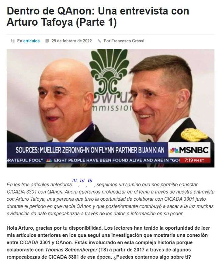 Captura de un artículo de entrevista en español titulado Dentro de QAnon: Una entrevista con Arturo Tafoya, con una foto de Bijan Kian y Michael Flynn bajo un cintillo de MSNBC que dice Sources: Mueller zeroing-in on Flynn partner Bijan Kian, frente a un fondo de la Comisión Nowruz