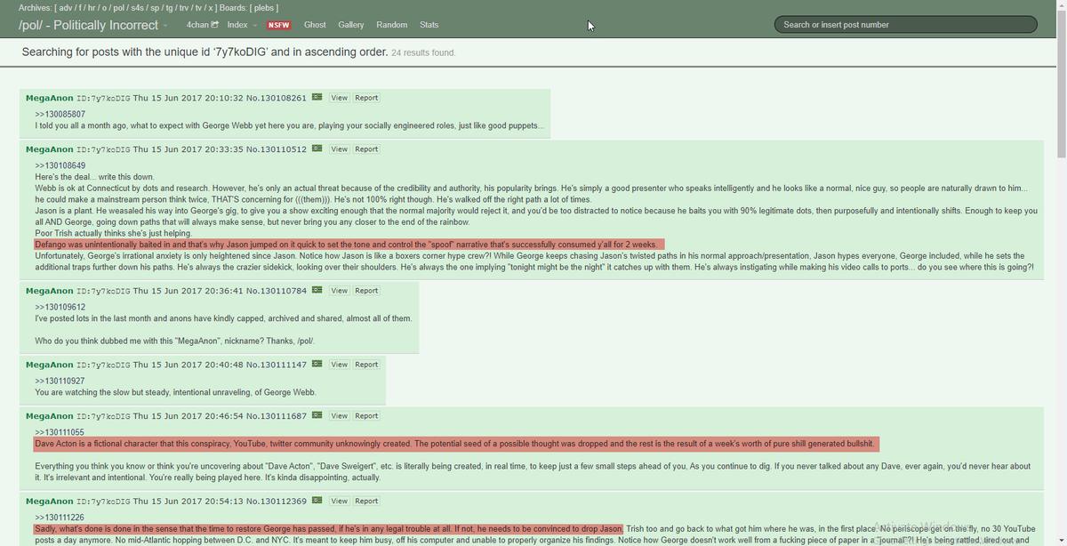 Posts archivados de MegaAnon en /pol/ de 4chan, ID 7y7koDIG, 15 de junio de 2017, con resaltado en Defango was unintentionally baited in y Dave Acton is a fictional character