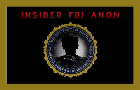 Gráfico que dice INSIDER FBI ANON sobre un sello del FBI con una figura en silueta