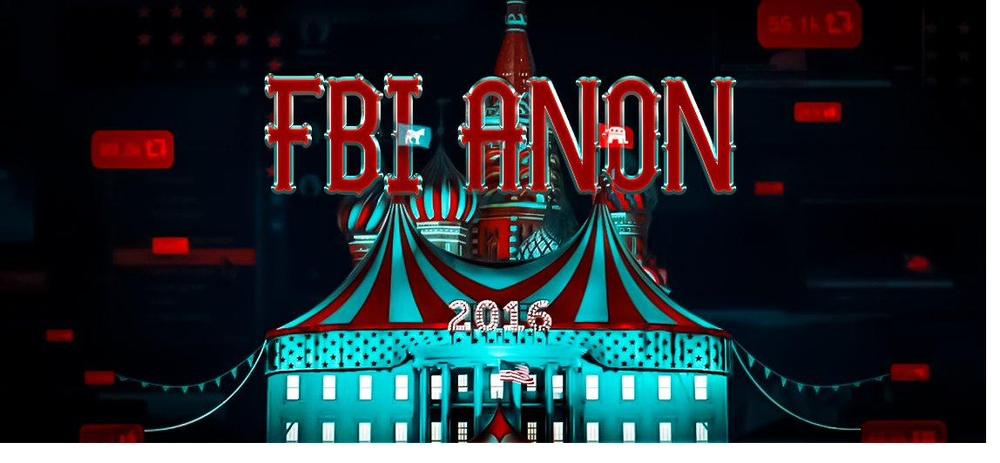 Banner que dice FBI ANON 2016 con letras rojas y azules estilo circo