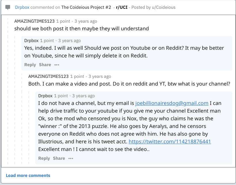 Hilo de Reddit en r/UCI donde el usuario Drpbox publica la dirección joebillionairesdog arroba gmail punto com y ofrece llevar tráfico al canal de YouTube de otro usuario, mientras identifica a un moderador con varios alias