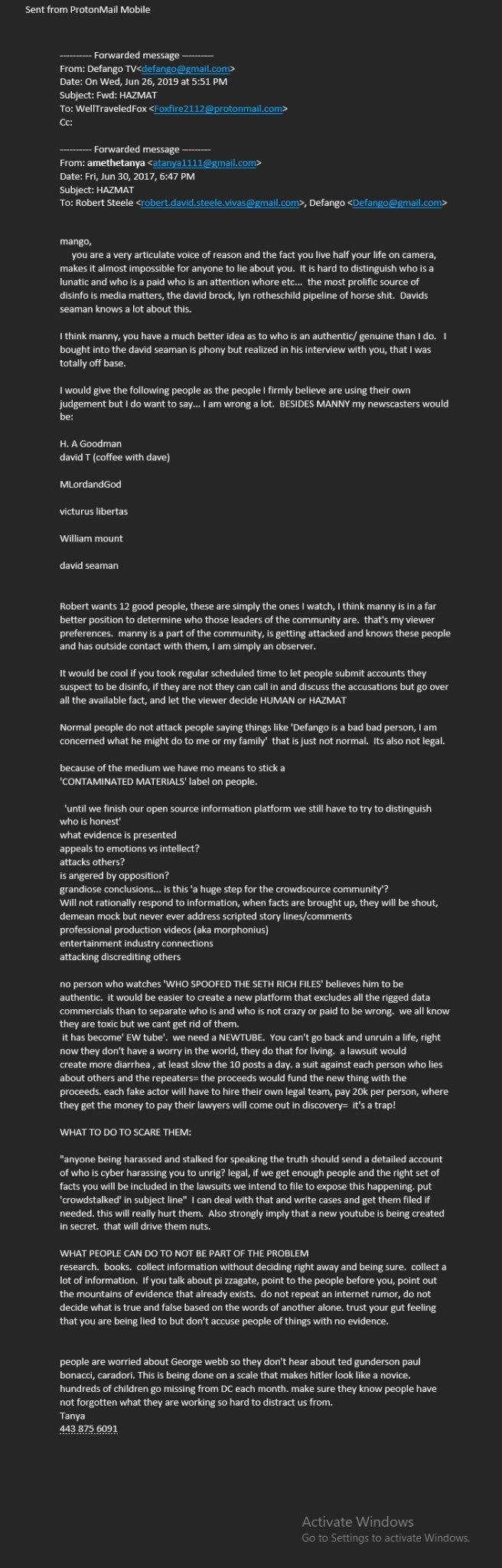 Correo HAZMAT completo de atanya1111 del 30 de junio de 2017 a Robert David Steele y Defango proponiendo la etiqueta CONTAMINATED MATERIALS, nombrando a H A Goodman y a victurus libertas como confiables, reenviado en 2019 a Foxfire2112