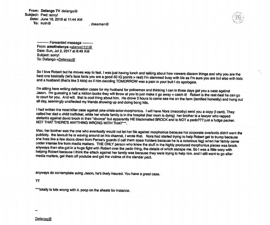 Correo de amethetanya del 2 de julio de 2017 a Defango ofreciéndole un caso contra Jason en tres días y diciendo I will have Nora maccoby send you a copy