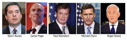 Fila de cinco retratos etiquetados: Devin Nunes, Carter Page, Paul Manafort, Michael Flynn y Roger Stone