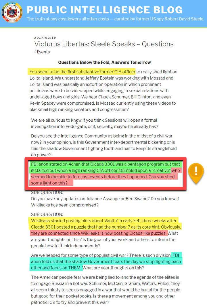 Post del Public Intelligence Blog del 2017/02/19 titulado Victurus Libertas: Steele Speaks – Questions, con pasajes resaltados sobre FBI anon, Cicada 3301 como programa del Pentágono y Vault 7 de WikiLeaks después de un acertijo de Cicada