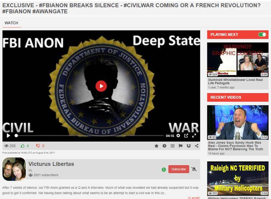 Página de video titulada EXCLUSIVE - FBIANON BREAKS SILENCE - CIVILWAR COMING OR A FRENCH REVOLUTION, en el canal de Victurus Libertas, publicado por primera vez a las 16:48 UTC del 31 de agosto de 2017, con 268 vistas