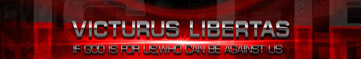 Banner de YouTube de Victurus Libertas que dice If God Is For Us Who Can Be Against Us con letras metálicas sobre rojo oscuro