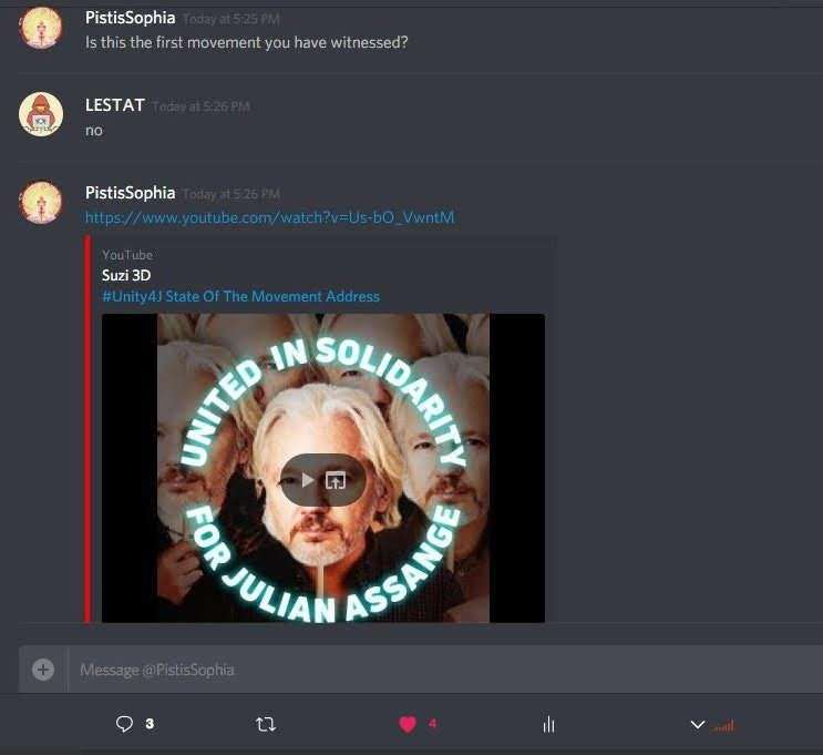 Captura de Discord en la que PistisSophia publica un video del discurso del Estado del Movimiento de Unity4J titulado United In Solidarity For Julian Assange