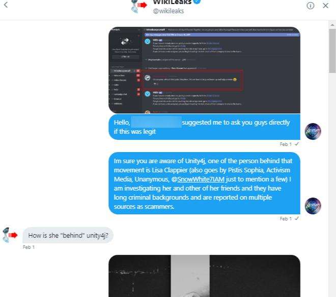 Hilo de mensajes directos con la cuenta verificada de WikiLeaks en el que quien escribe pregunta si algo es legítimo y describe a Lisa Clappier y sus alias, y WikiLeaks responde preguntando cómo es que ella está detrás de unity4j