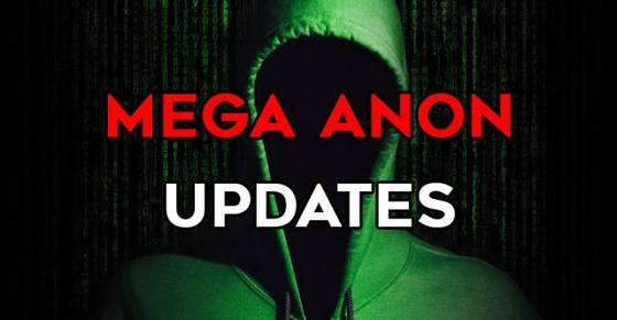 Banner que dice MEGA ANON UPDATES sobre una figura encapuchada con código verde estilo Matrix