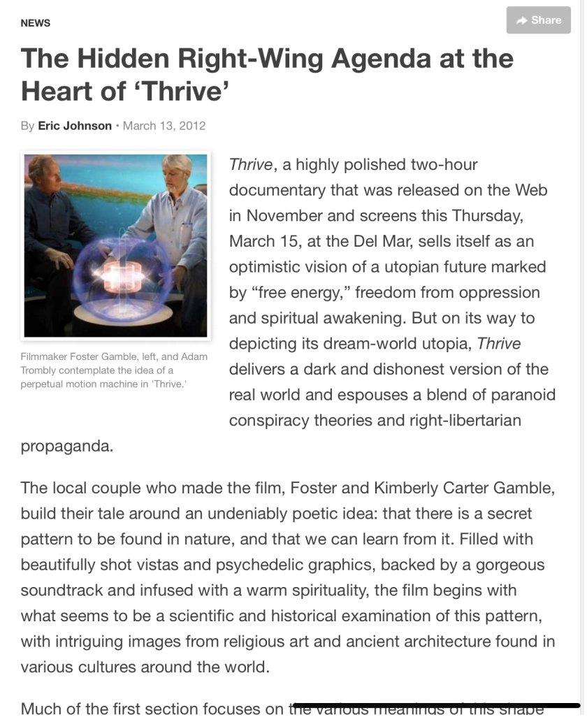 Artículo del 13 de marzo de 2013 de Eric Johnson titulado The Hidden Right-Wing Agenda at the Heart of Thrive, con una imagen de Foster Gamble frente a un diagrama de toroide