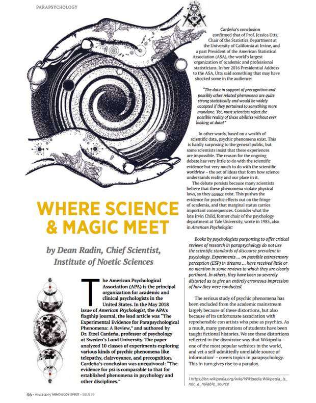 Artículo de revista titulado Where Science and Magic Meet, de Dean Radin, científico en jefe del Institute of Noetic Sciences, en una publicación de mente-cuerpo-espíritu