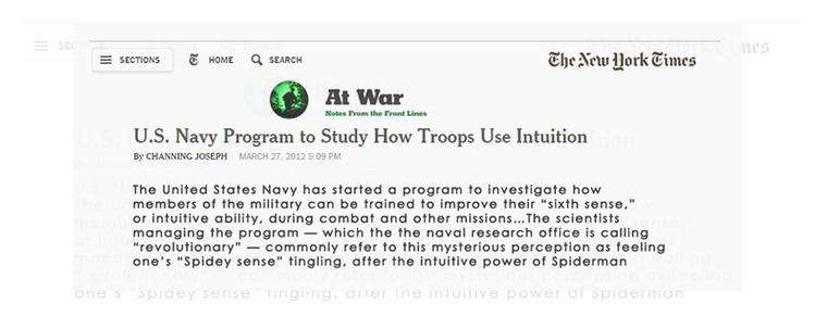 Titular del blog At War del New York Times del 27 de marzo de 2012: U.S. Navy Program to Study How Troops Use Intuition