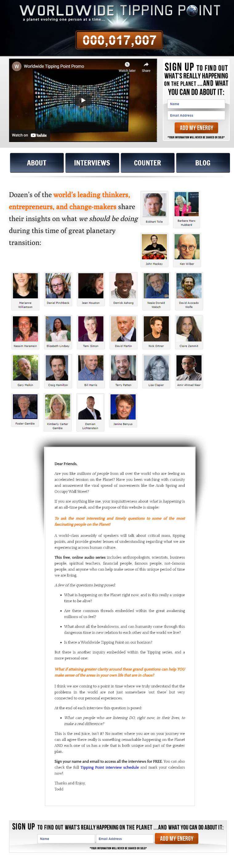 Sitio web de Worldwide Tipping Point con una cuadrícula de retratos de entrevistados, entre ellos Eckhart Tolle, Barbara Marx Hubbard, Ken Wilber, Marianne Williamson, Lisa Clapier, Foster Gamble y Kimberly Carter Gamble