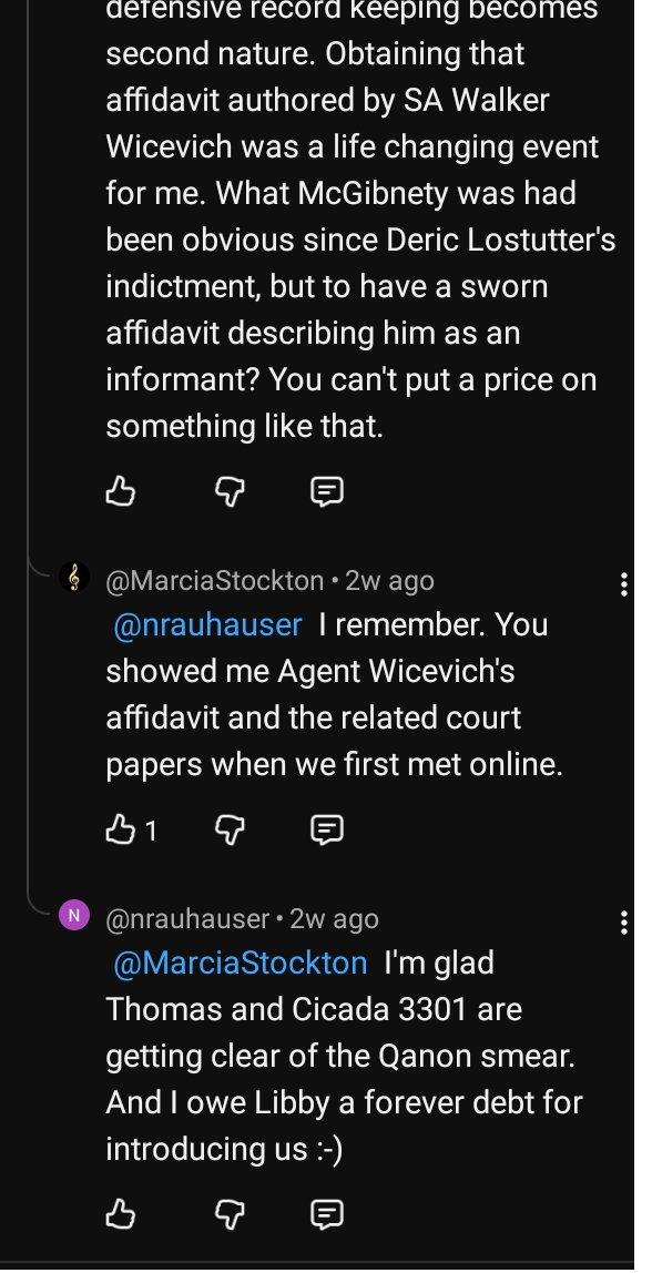 Hilo de YouTube en el que MarciaStockton recuerda que nrauhauser le mostró la declaración jurada de un agente cuando se conocieron en línea, y nrauhauser responde que le alegra que Thomas y Cicada 3301 se estén librando de la difamación de Qanon y que le debe a Libby para siempre haberlos presentado