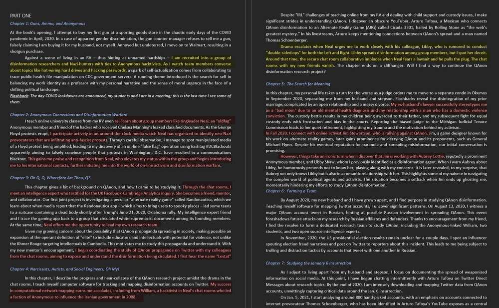 Resumen anotado a dos columnas de los capítulos del manuscrito de un libro, con pasajes resaltados, que describe el reclutamiento a un grupo de investigadores de desinformación vinculados con hacktivistas de Anonymous, un cabecilla llamado Neal y la primera mención del nombre Lestat