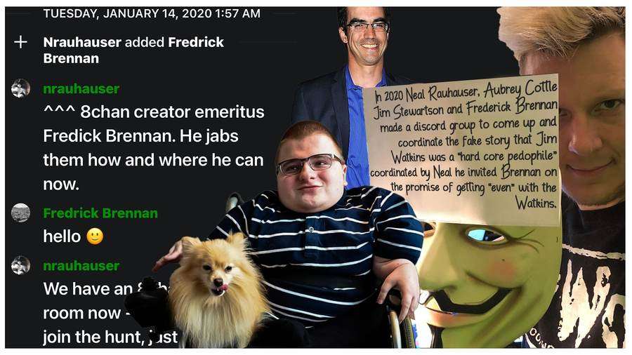 Composición hecha alrededor de una captura de chat del martes 14 de enero de 2020 en la que nrauhauser agrega a Fredrick Brennan a un cuarto, lo presenta como creador emérito de 8chan, Brennan saluda, y nrauhauser dice que ya tienen un cuarto e invita a los demás a unirse a la cacería; encima hay un letrero escrito a mano y fotos de varias personas