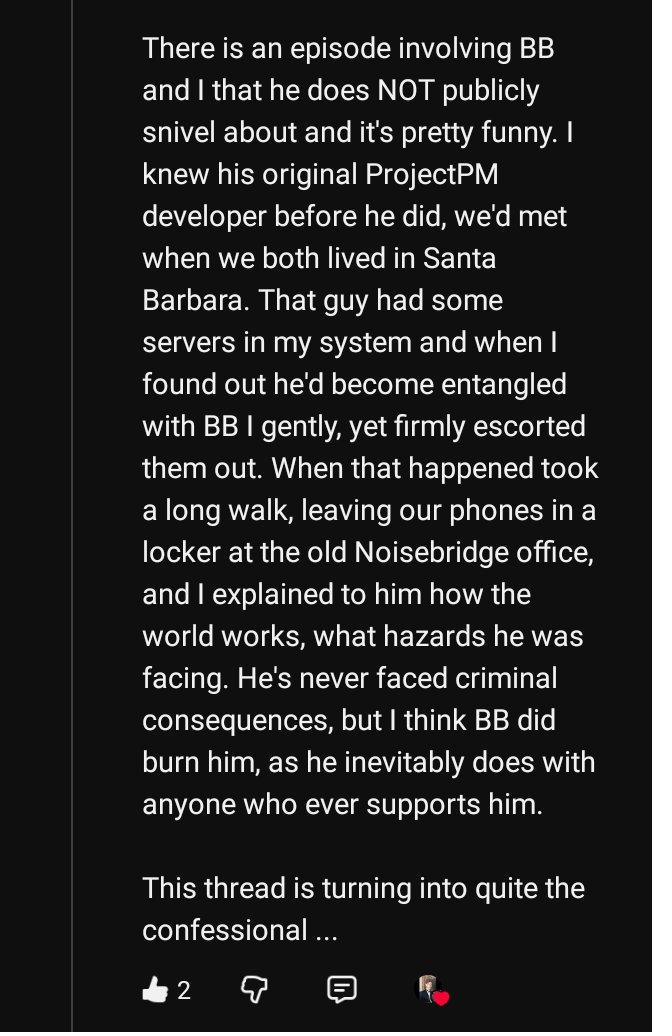 Continuación del comentario de nrauhauser que describe haber sacado los servidores de un desarrollador de ProjectPM de su sistema, una larga caminata con los teléfonos guardados en un casillero de la vieja oficina de Noisebridge, y que termina: This thread is turning into quite the confessional