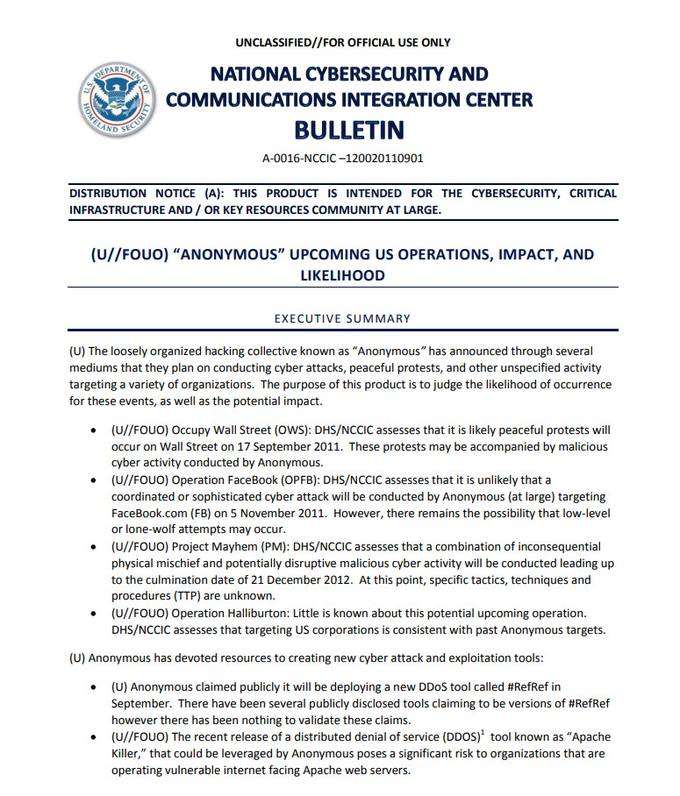 Portada de un boletín del National Cybersecurity and Communications Integration Center del DHS, no clasificado, para uso oficial, que evalúa próximas operaciones de Anonymous en EE. UU., su impacto y probabilidad