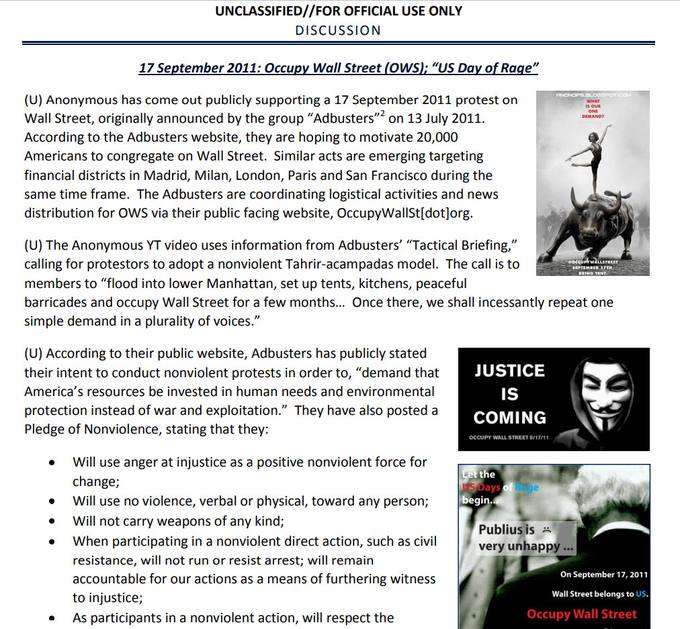 Página de discusión del mismo boletín sobre el Día de la Ira de Occupy Wall Street del 17 de septiembre de 2011, la coordinación de Adbusters y la promesa de no violencia de Anonymous