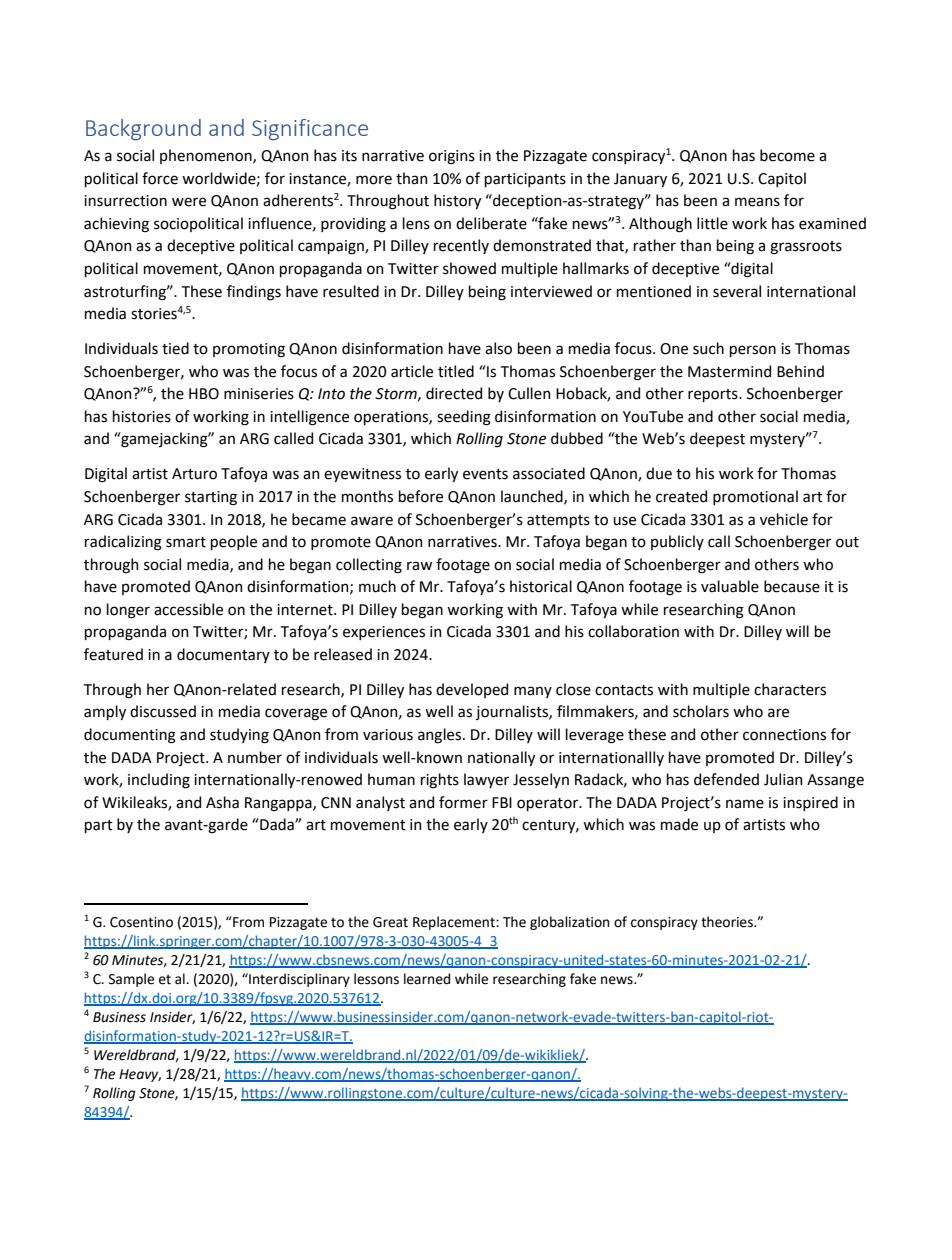 Página 3 de la propuesta DADA, Background and Significance, que describe a Arturo Tafoya como testigo de los primeros hechos de QAnon cuyo material histórico es valioso porque ya no está disponible en internet