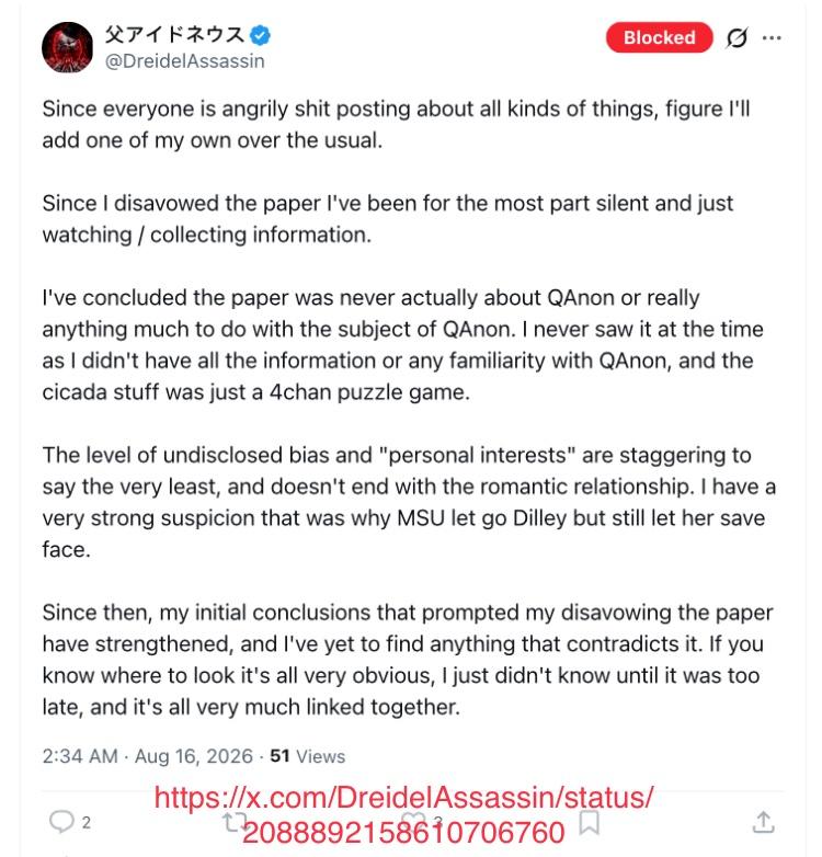 Tuit de DreidelAssassin del 16 de agosto de 2026 que dice que el artículo nunca fue sobre QAnon y que el sesgo no declarado es impresionante