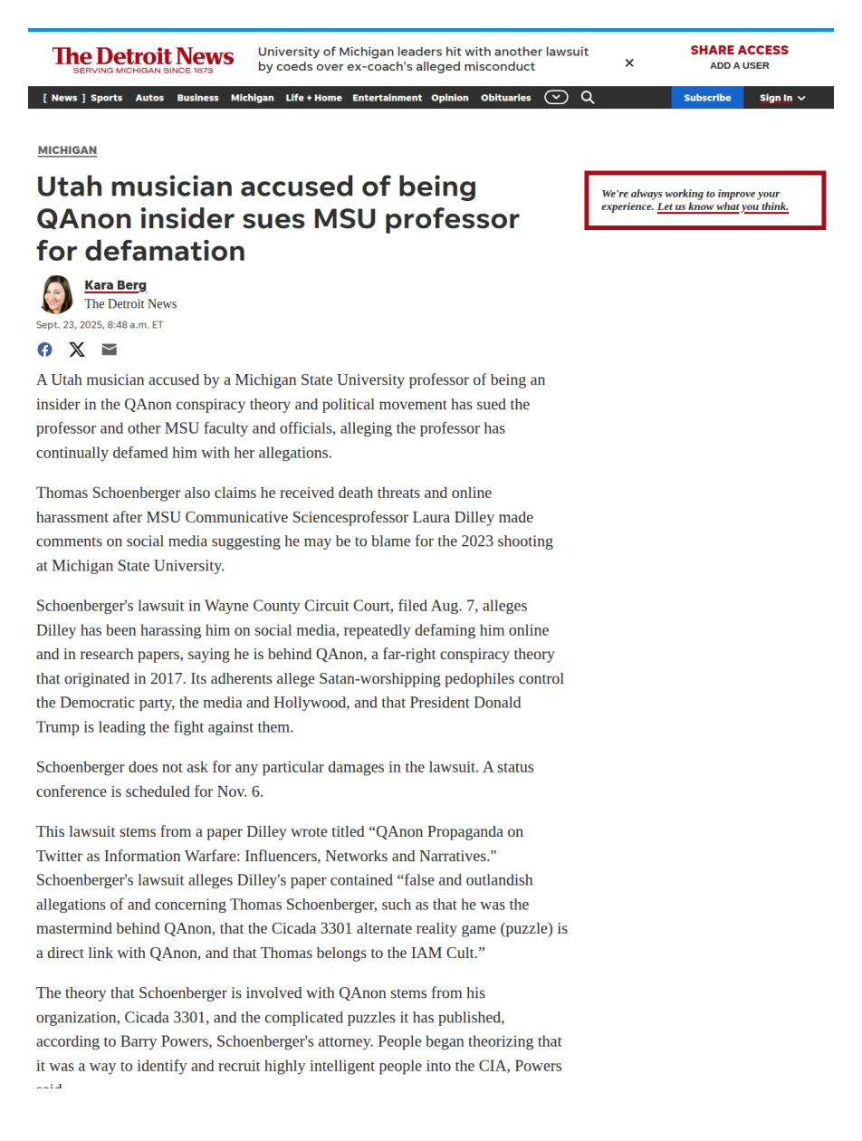 Página uno del artículo del Detroit News de Kara Berg del 23 de septiembre de 2025, titulado Utah musician accused of being QAnon insider sues MSU professor for defamation