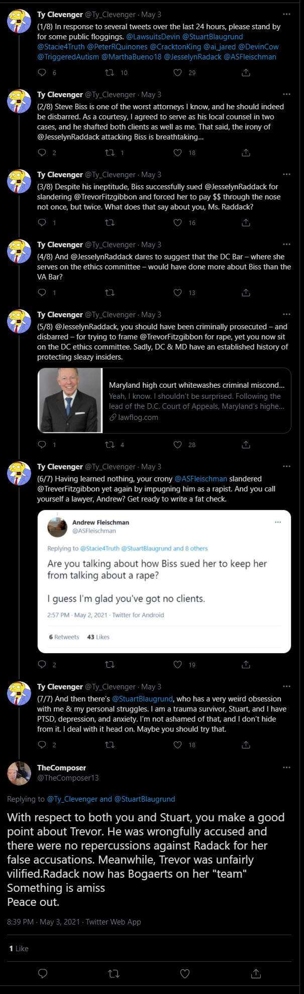 Hilo de tuits del abogado Ty Clevenger del 3 de mayo sobre Steve Biss y litigios relacionados con Trevor Fitzgibbon