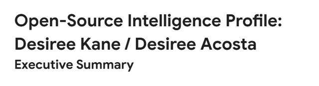 Encabezado del documento titulado Open-Source Intelligence Profile: Desiree Kane / Desiree Acosta