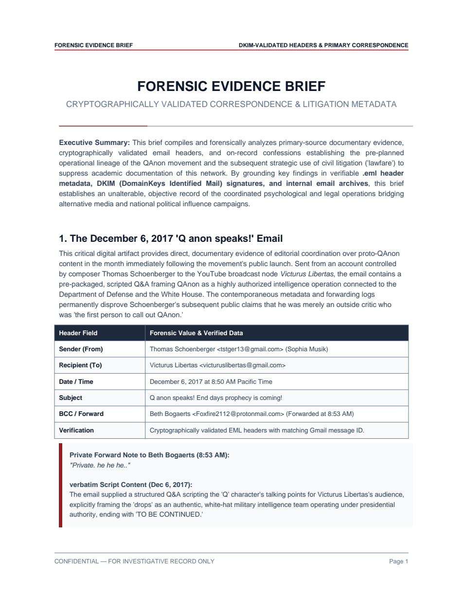 Primera página del Forensic Evidence Brief, encabezados validados con DKIM y correspondencia primaria