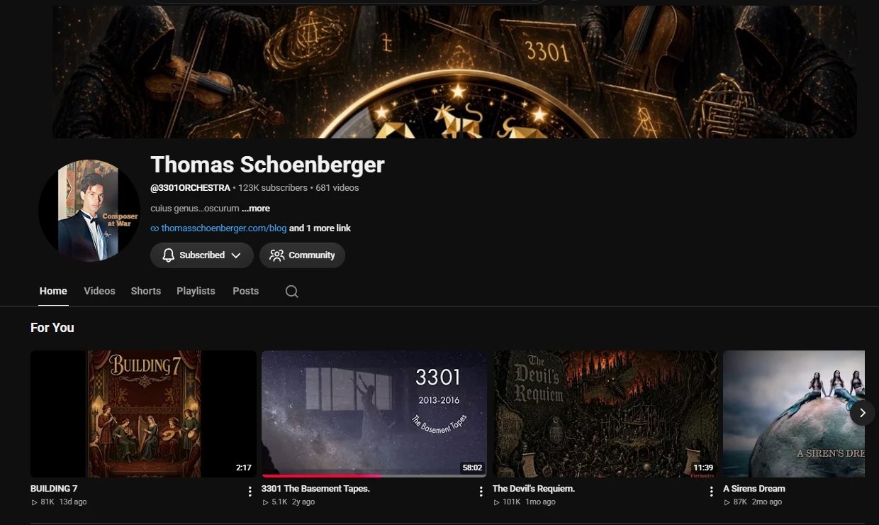 Página del canal de YouTube: Thomas Schoenberger, handle 3301ORCHESTRA, 123K subscribers, 681 videos, banner with 3301, link to thomasschoenberger.com