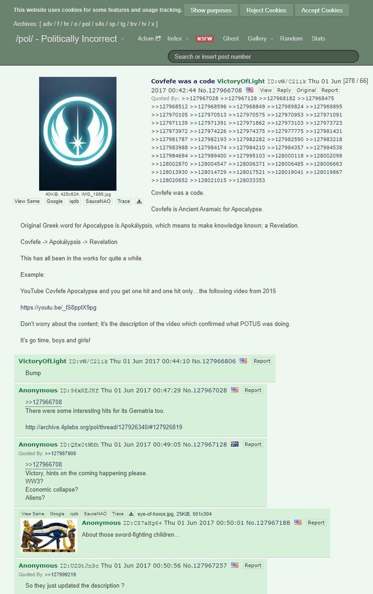 Página archivada de un hilo de 4chan pol, jueves 01 jun 2017 00:42:44, post número 127966708 de VictoryOfLight, titulado Covfefe was a code, con un emblema estilo Jedi y respuestas de usuarios anónimos