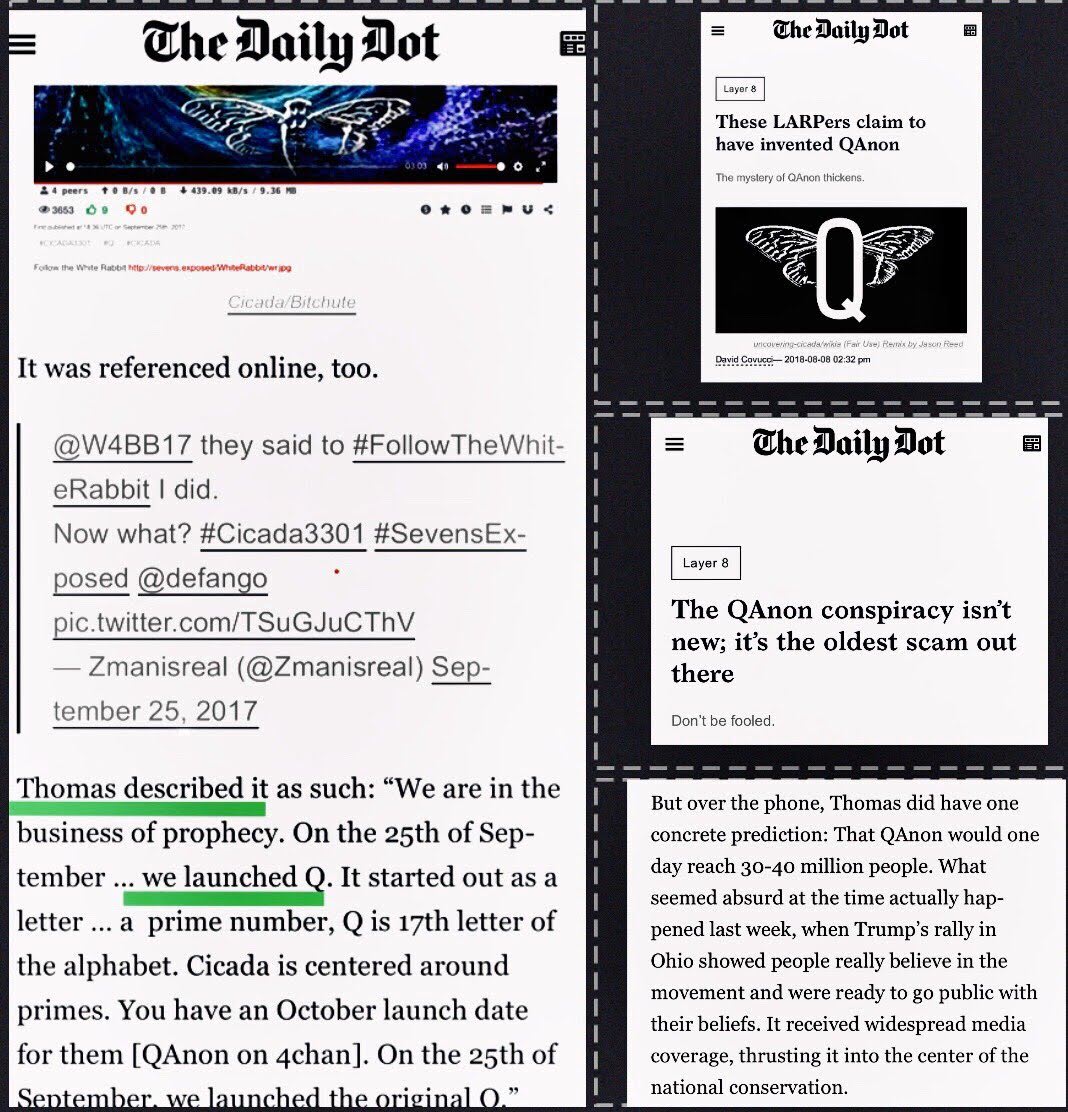 Collage de artículos del Daily Dot de David Covucci: el video Cicada Follow the White Rabbit del 25 de septiembre de 2017, un tuit de @Zmanisreal de ese día etiquetando #Cicada3301 y @defango, Thomas citado diciendo On the 25th of September we launched Q, y los titulares These LARPers claim to have invented QAnon y The QAnon conspiracy isn't new; it's the oldest scam out there