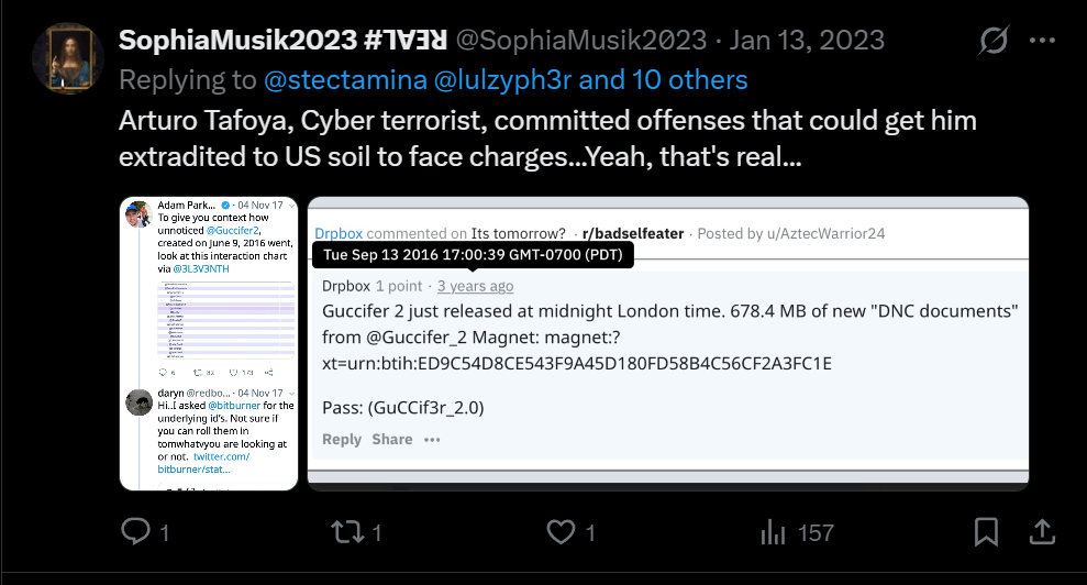 Screenshot of a post by SophiaMusik2023 on X, Jan 13 2023, replying to @stectamina, @lulzyph3r and 10 others: Arturo Tafoya, Cyber terrorist, committed offenses that could get him extradited to US soil to face charges...Yeah, that’s real... It attaches a screenshot of 2017 tweets about Guccifer 2 and a 2016 Reddit comment about DNC documents.