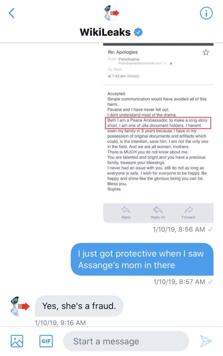 Hilo de mensajes directos con la cuenta verificada de WikiLeaks que muestra la captura de un correo de PistisSophia a Beth titulado Re: Apologies, con un pasaje enmarcado que dice Beth I am a Peace Ambassador, to make a long story short, I am one of JAs document holders; quien escribe dice que se puso protector al ver ahí a la mamá de Assange, y WikiLeaks responde Yes, she's a fraud, el 10 de enero de 2019