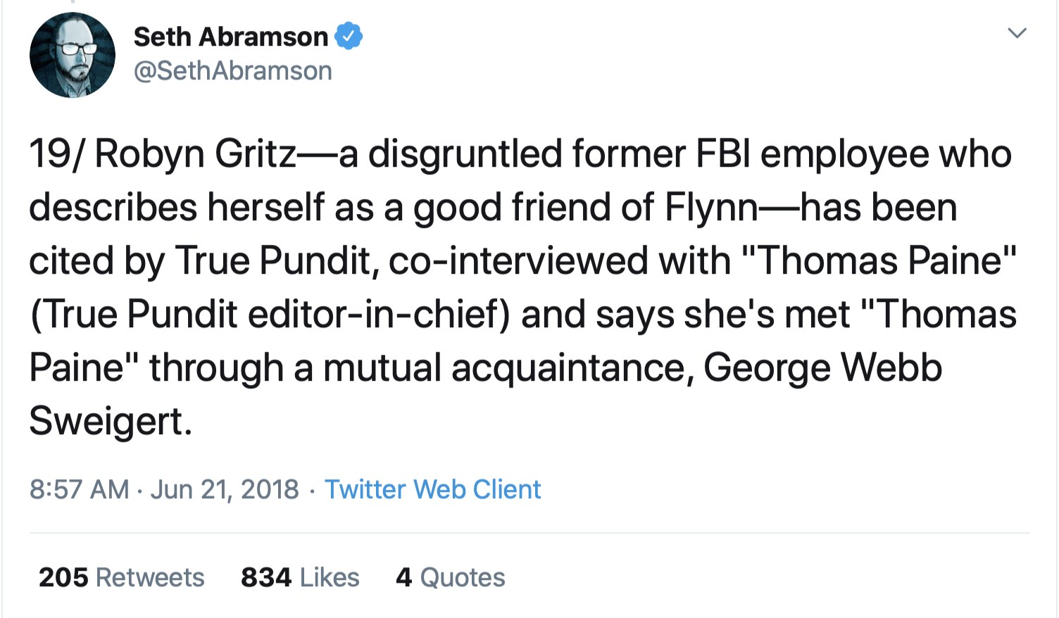 Tweet 19 of a thread by Seth Abramson, Jun 21 2018, saying Robyn Gritz, a former FBI employee and friend of Flynn, was co-interviewed with True Pundit's editor and met him through George Webb Sweigert