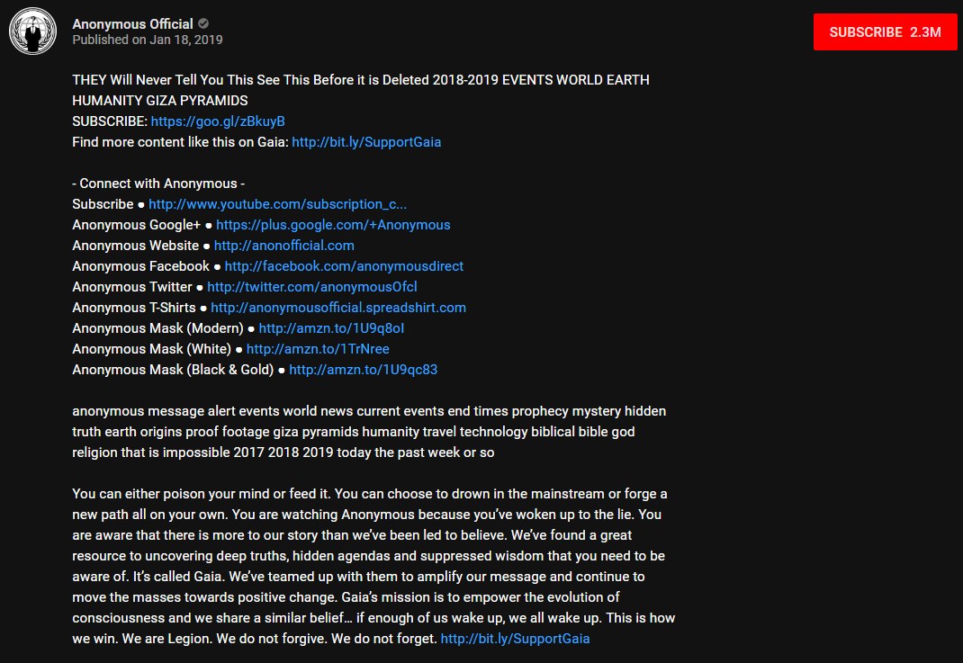 YouTube page of the Anonymous Official channel, published Jan 18 2019, with the video description including Find more content like this on Gaia and a paragraph saying the channel has teamed up with Gaia to amplify its message