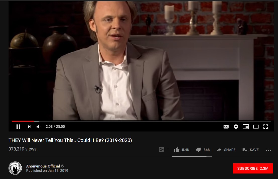 Video page for THEY Will Never Tell You This.. Could It Be? (2019-2020) on the Anonymous Official channel, 378,319 views, published Jan 18 2019, a man in a grey blazer on screen