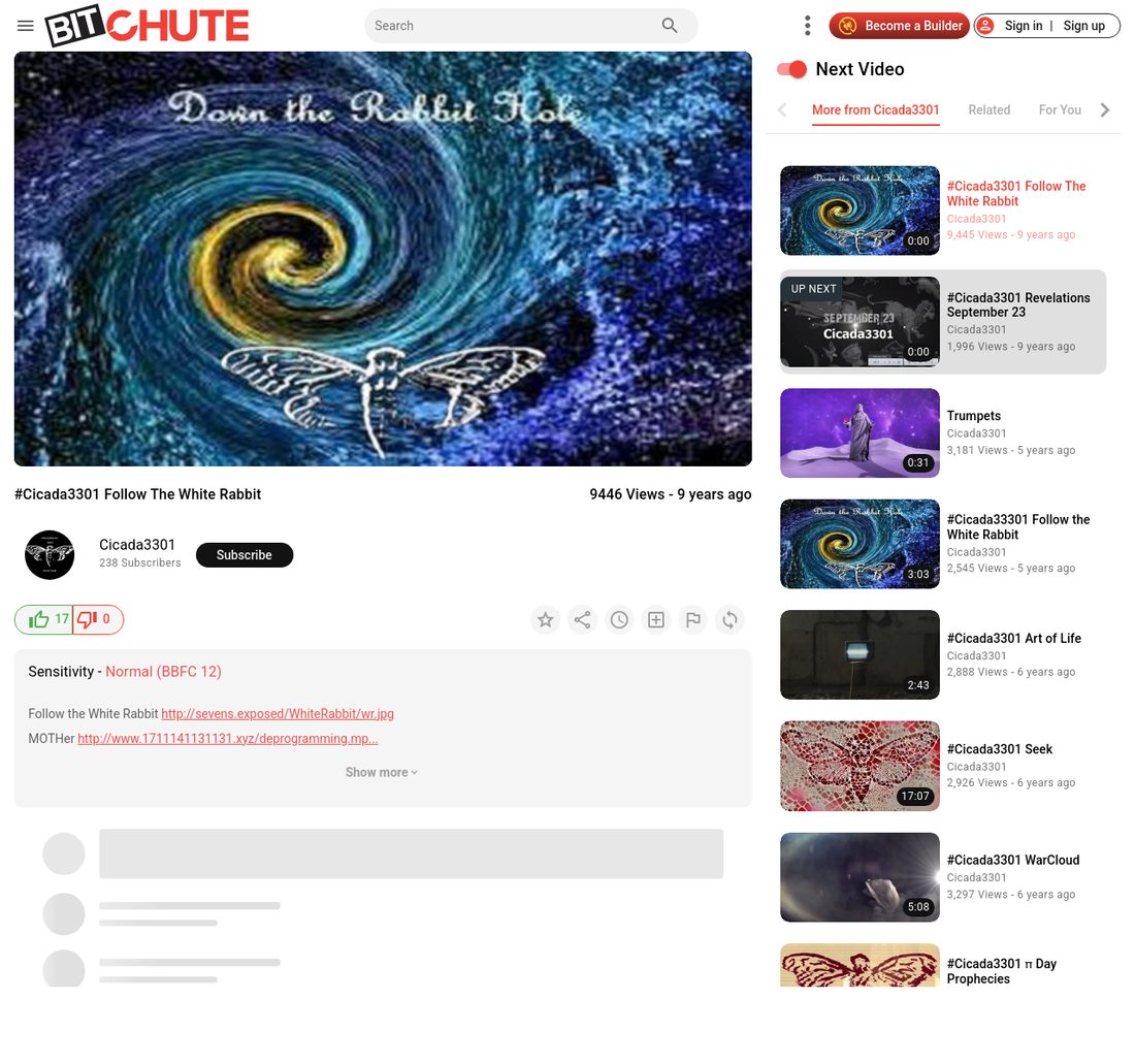 Captura de la página del video en BitChute con el sidebar del canal Cicada3301 visible, listando hashtag Cicada 3301 Revelations September 23 entre otros videos del canal como Trumpets, hashtag Cicada 33301 Follow the White Rabbit con doble 3, hashtag Cicada 3301 Art of Life, hashtag Cicada 3301 Seek, hashtag Cicada 3301 WarCloud y hashtag Cicada 3301 Pi Day Prophecies
