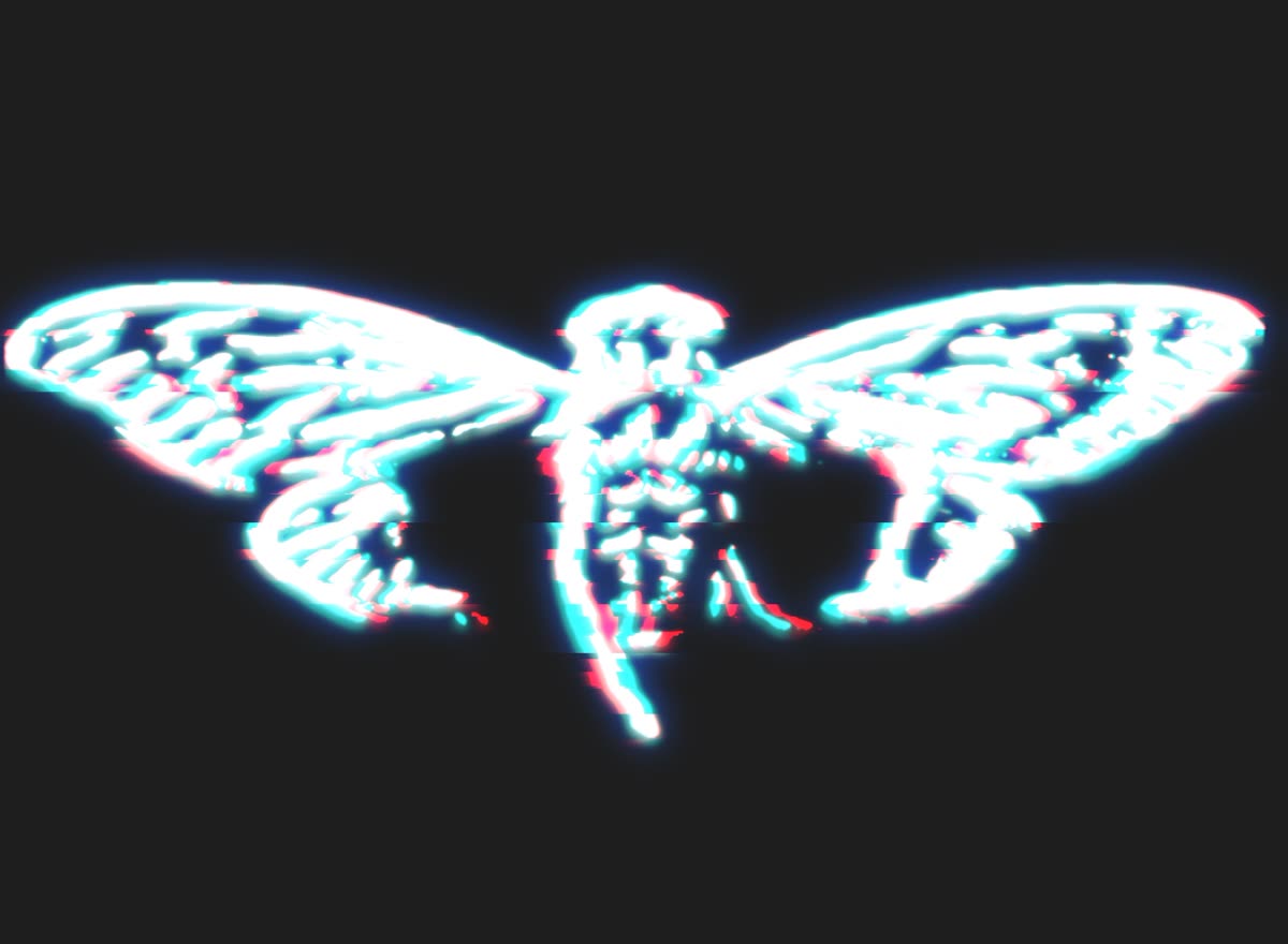 Logo de la cigarra redibujado por el autor con efecto glitch en cian y rojo sobre gris oscuro