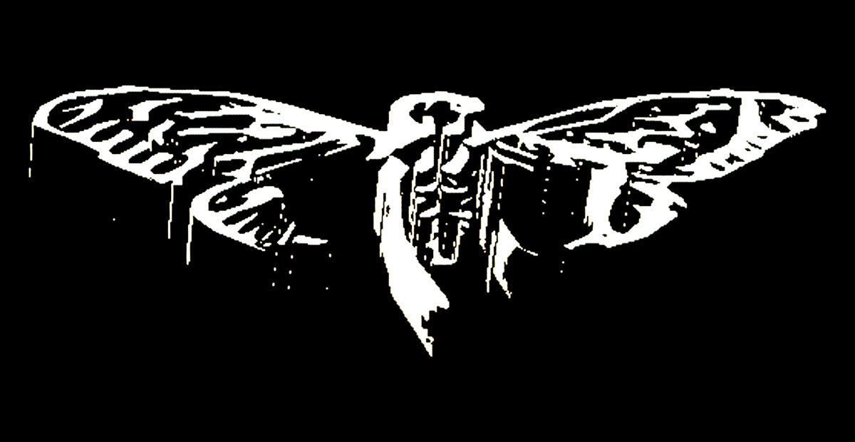 Logo de la cigarra redibujado por el autor, blanco sobre negro
