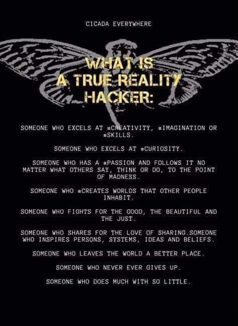 Póster titulado Cicada Everywhere con una cigarra: qué es un verdadero hacker de la realidad, alguien que destaca en creatividad, imaginación o habilidad; en curiosidad; que sigue una pasión sin importar lo que digan; que crea mundos que otros habitan; que lucha por lo bueno, lo bello y lo justo; que comparte por gusto; que deja el mundo mejor; que nunca se rinde; que hace mucho con muy poco