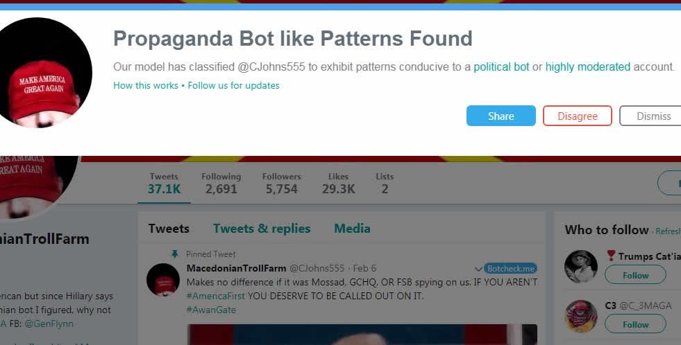 Botcheck.me overlay on the @CJohns555 profile, display name MacedonianTrollFarm: Propaganda Bot like Patterns Found