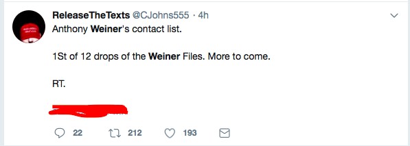 Post by ReleaseTheTexts @CJohns555: Anthony Weiner's contact list. 1St of 12 drops of the Weiner Files. More to come. RT. Content below redacted