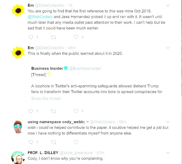 Respuestas en X del 23 de octubre de 2021: Em, DataCollectAc, dice que la primera referencia fue suya en octubre de 2018; WebCoderz dice que ojalá hubiera podido contribuir al estudio; la Prof. L. Dilley responde Cody, I don't know why you're complaining