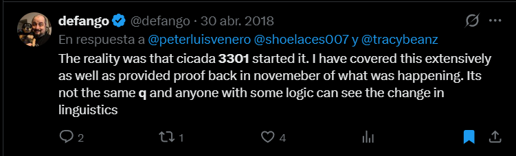 Post by defango, Apr 30 2018, replying to peterluisvenero, shoelaces007 and tracybeanz: The reality was that cicada 3301 started it; its not the same q and anyone with some logic can see the change in linguistics